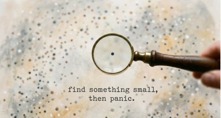 A magnifying glass hovering over one small dot among many, a wry take on over-detection.