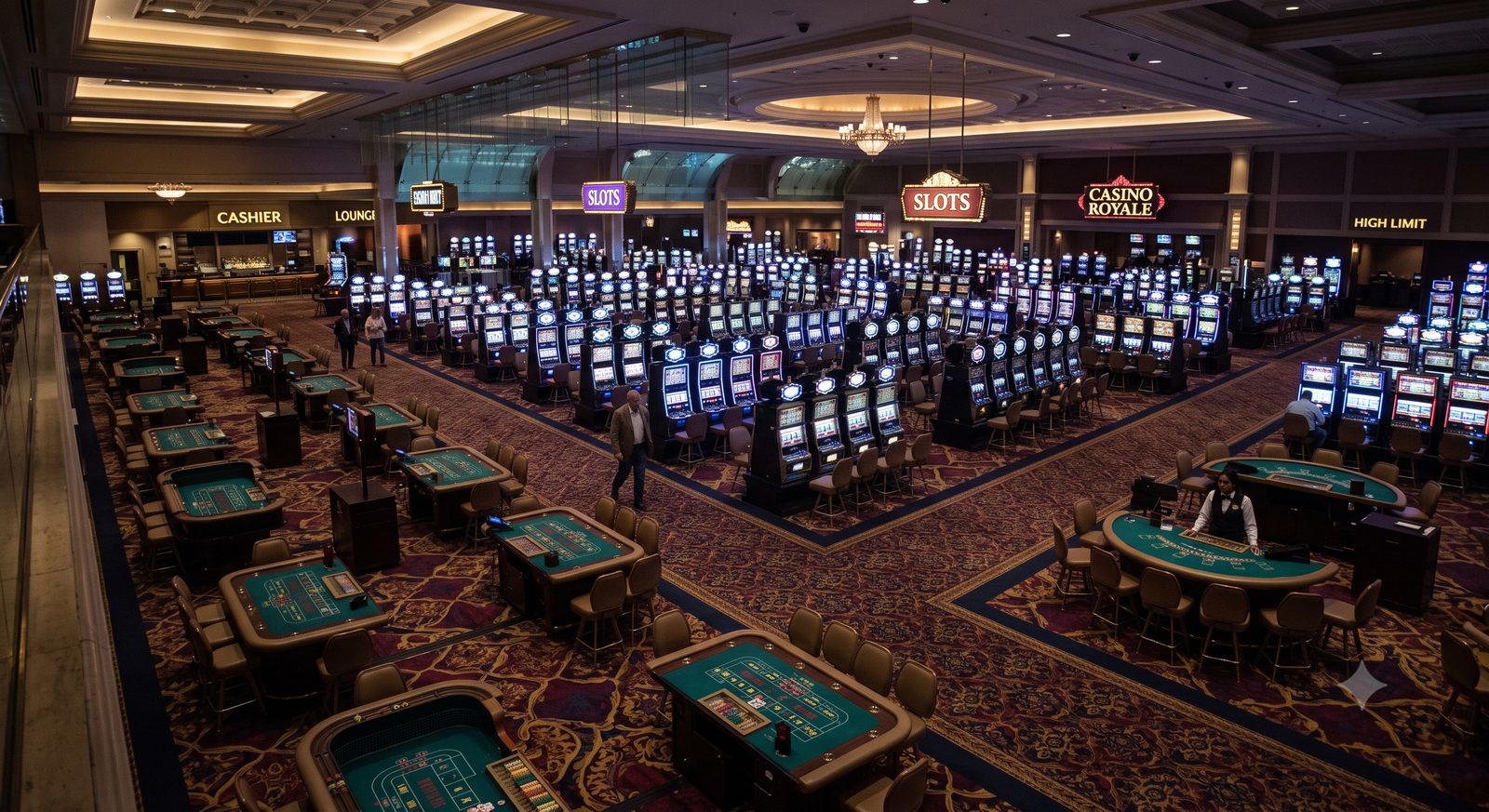A casino gaming floor seen from above, slot machines and empty table games under low light.