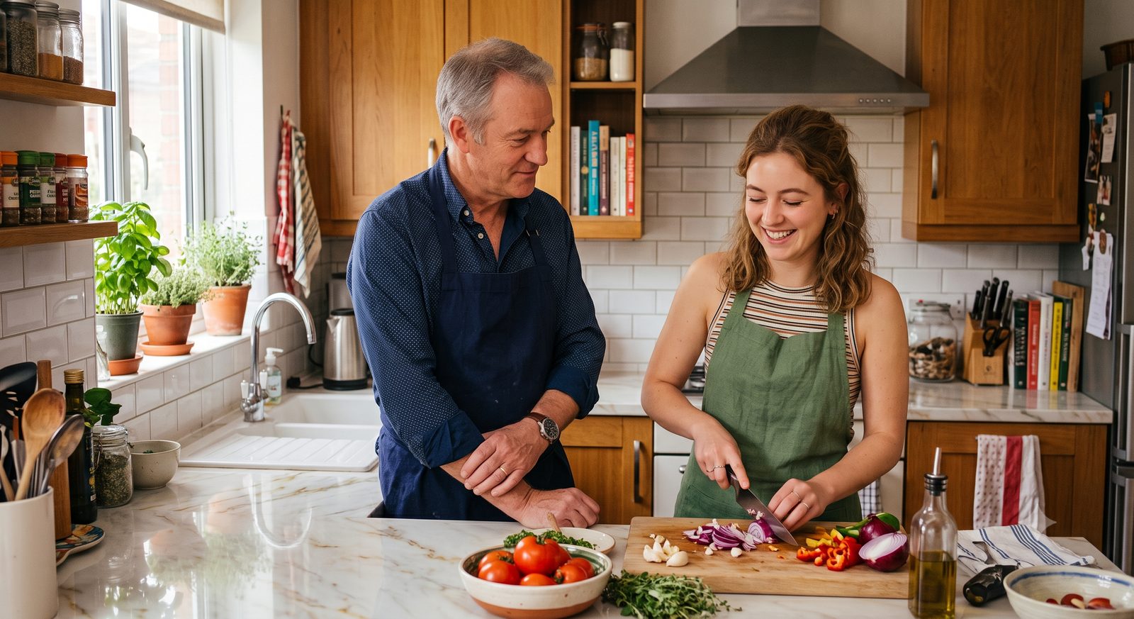 A father and his adult daughter cooking together at a kitchen island, chopping vegetables and talking.
