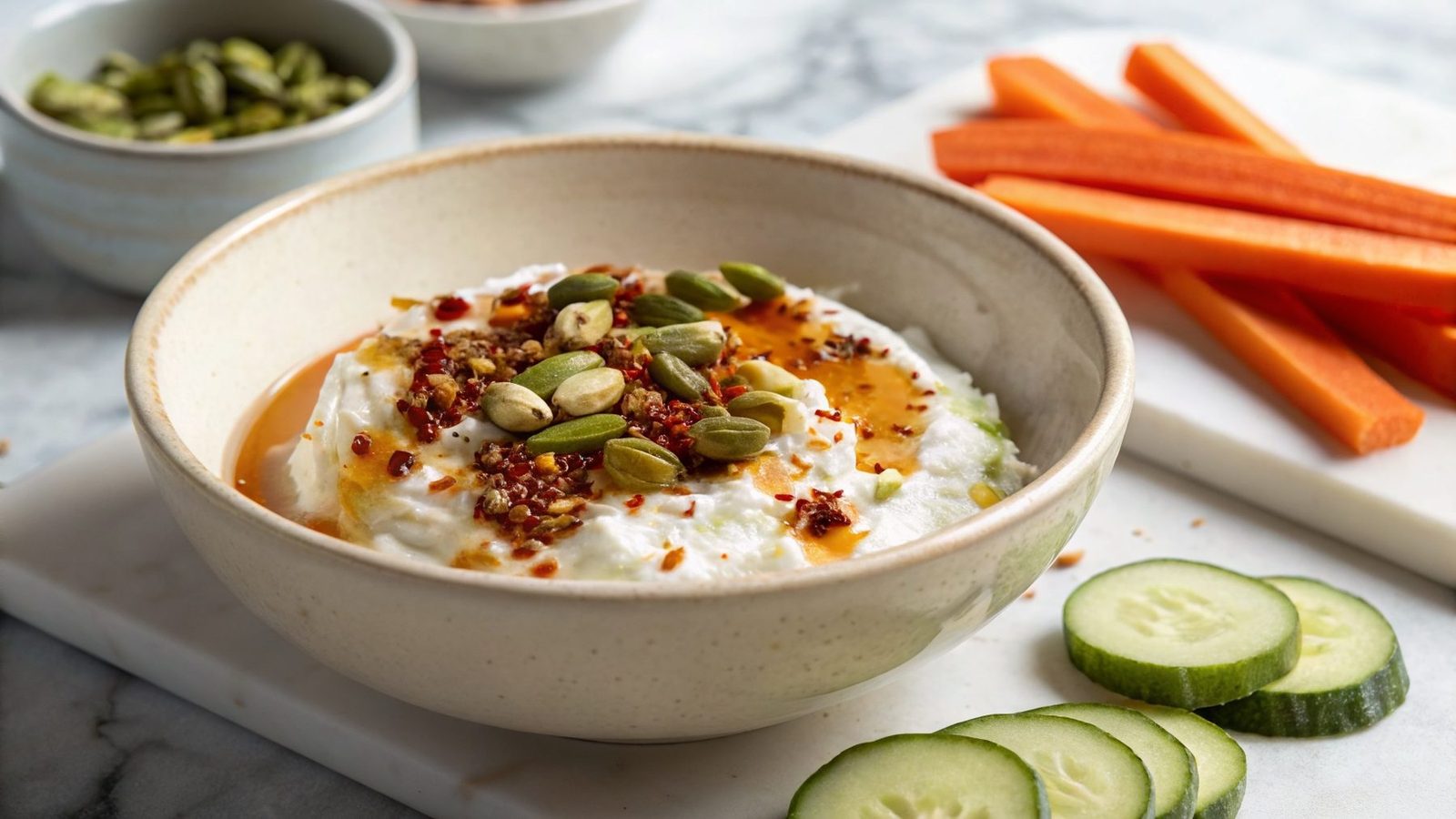 A bowl of cottage cheese topped with chilli oil and pumpkin seeds, with carrot sticks and cucumber alongside.