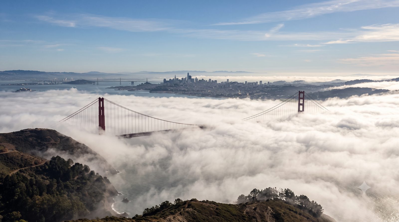 The Golden Gate Bridge towers rising above a thick fog bank, with the San Francisco skyline beyond.