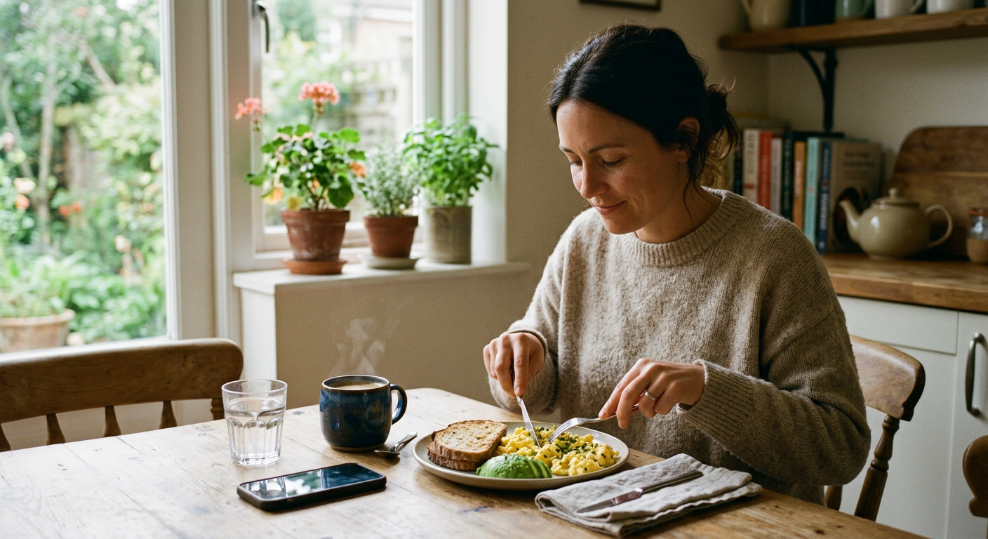 A woman sitting at a sunlit kitchen table with plants on the windowsill.