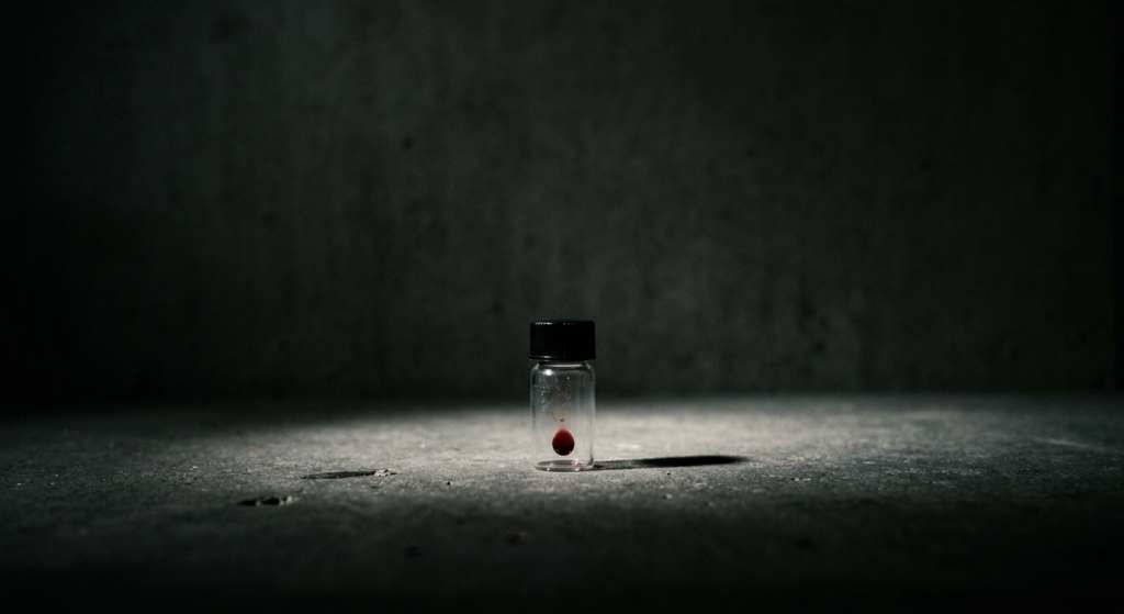 A single drop of blood lit against a plain background, a nod to the Theranos comparison.
