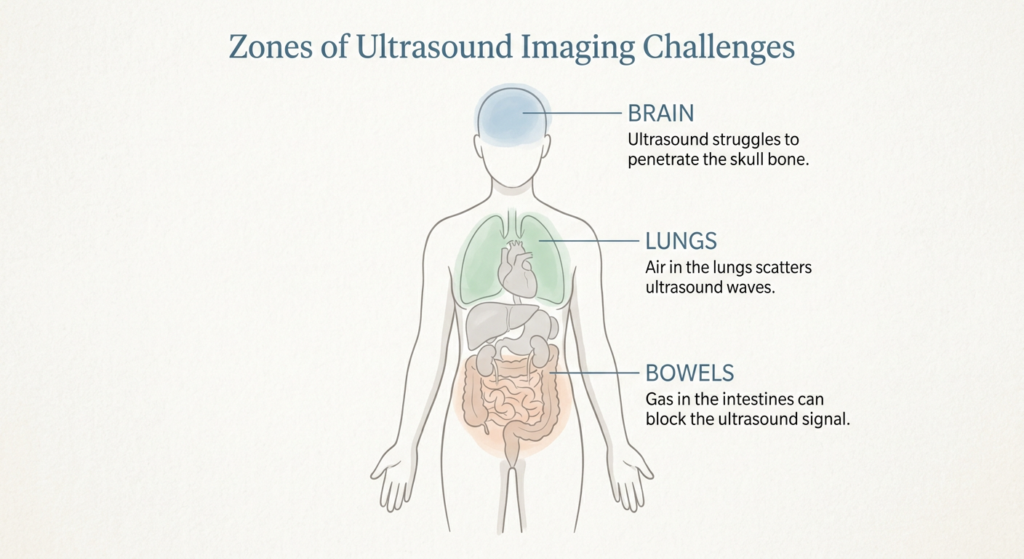 A simple body diagram highlighting the brain, lungs, and bowels as areas ultrasound can't image well.